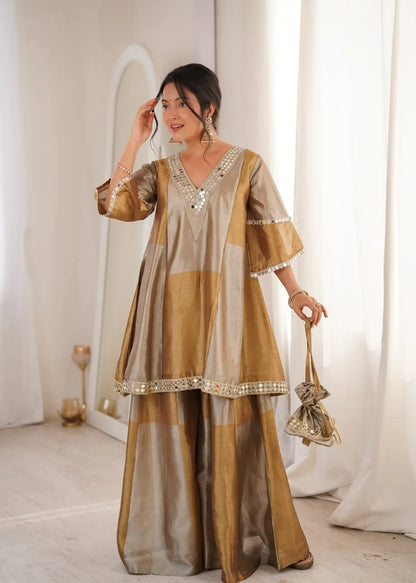 Elegant Tissue Silk Kurta Palazzo Set with Mirror Work for Festive and Occasion Wear