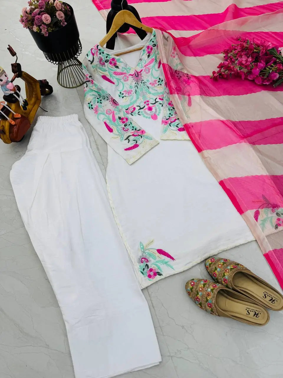 Elegant Vichitra Silk Palazzo Suit with Real Mirror Embroidery & Organza Silk Dupatta | Fully Stitched