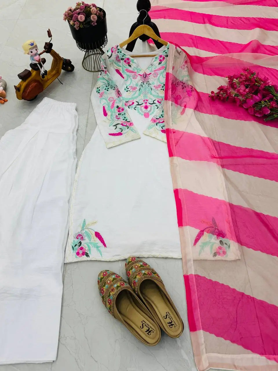 Elegant Vichitra Silk Palazzo Suit with Real Mirror Embroidery & Organza Silk Dupatta | Fully Stitched
