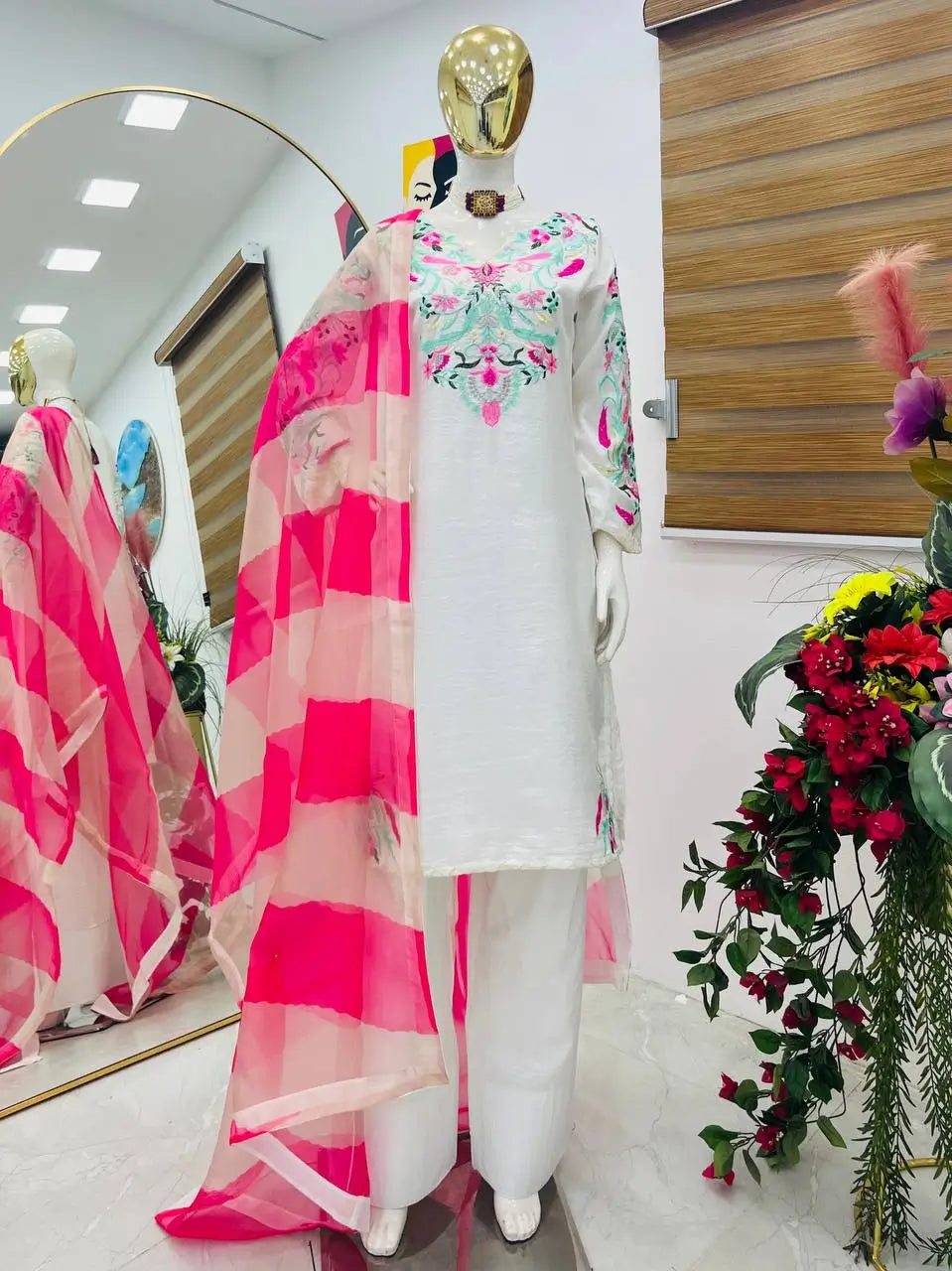 Elegant Vichitra Silk Palazzo Suit with Real Mirror Embroidery & Organza Silk Dupatta | Fully Stitched