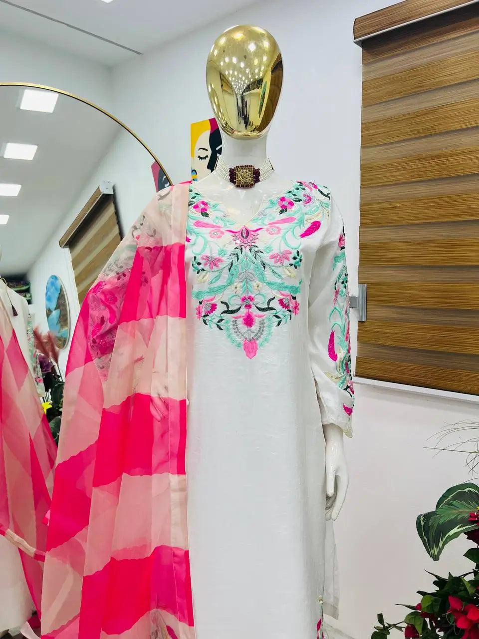 Elegant Vichitra Silk Palazzo Suit with Real Mirror Embroidery & Organza Silk Dupatta | Fully Stitched