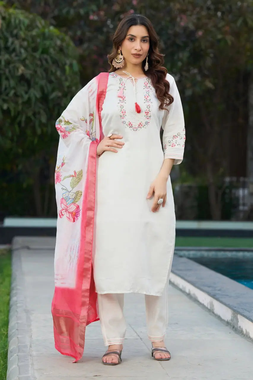 Elegant Viscose Silk Embroidered Kurti Set with Pant & Maslin Silk Dupatta – Stitched 3 Piece Set