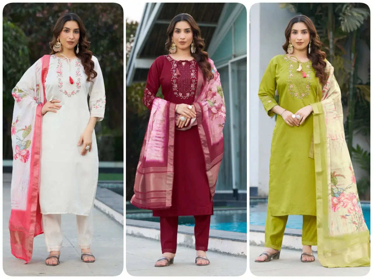 Elegant Viscose Silk Embroidered Kurti Set with Pant & Maslin Silk Dupatta – Stitched 3 Piece Set