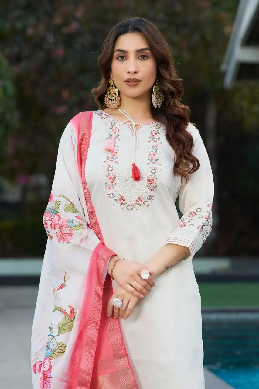 Elegant Viscose Silk Embroidered Kurti Set with Pant & Maslin Silk Dupatta – Stitched 3 Piece Set