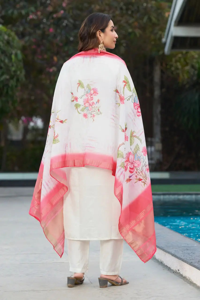 Elegant Viscose Silk Embroidered Kurti Set with Pant & Maslin Silk Dupatta – Stitched 3 Piece Set