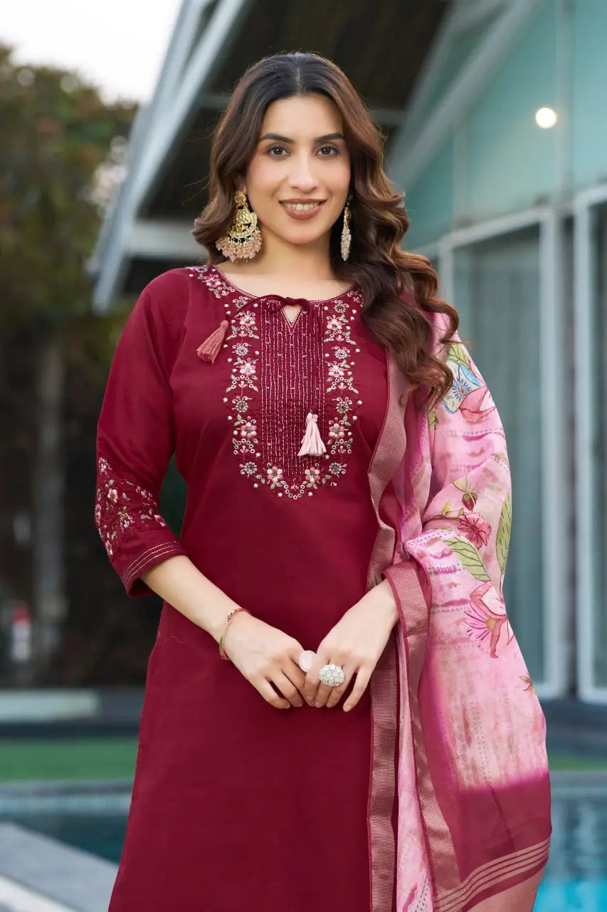 Elegant Viscose Silk Embroidered Kurti Set with Pant & Maslin Silk Dupatta – Stitched 3 Piece Set
