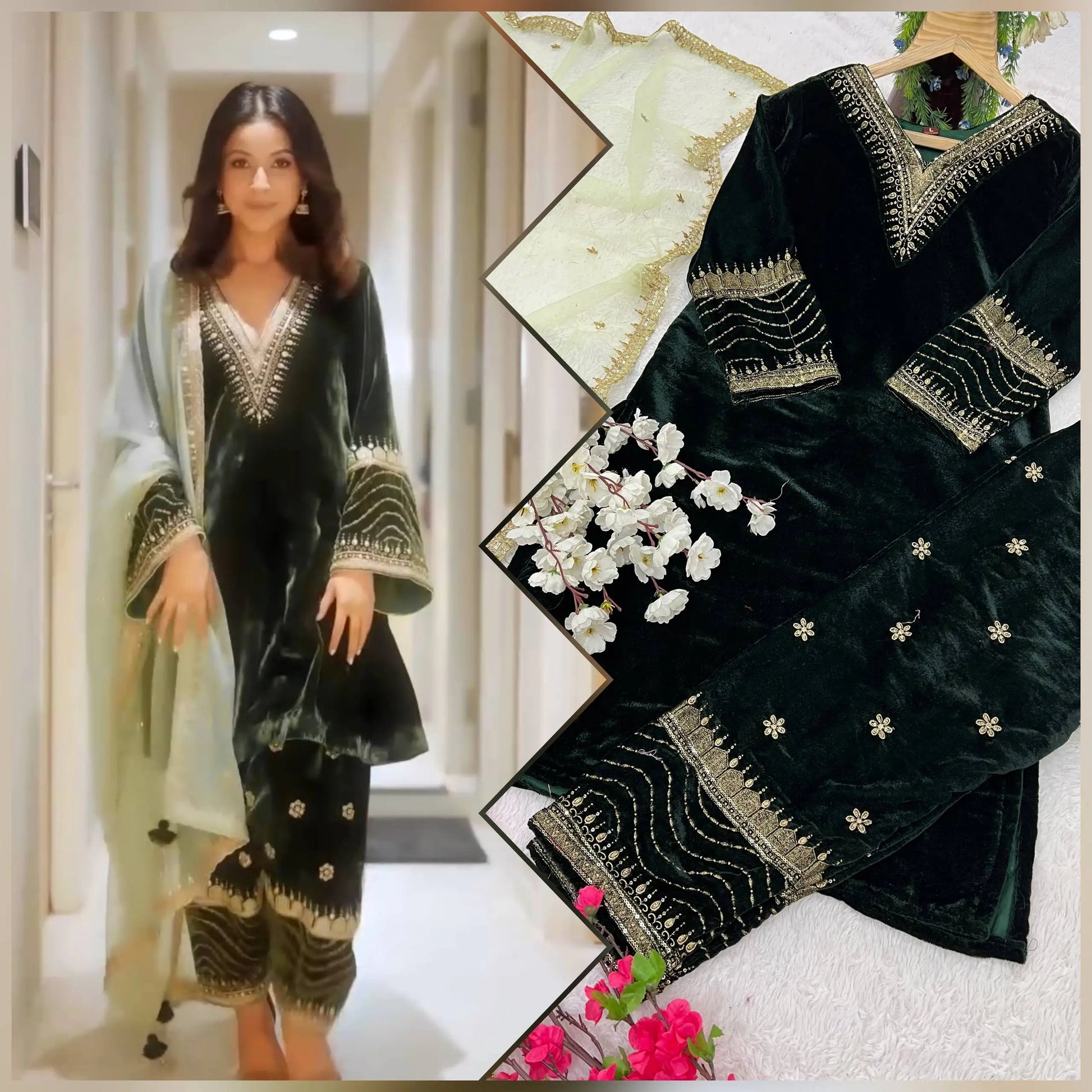 Elegant Viscose Velvet Embroidered Kurti Set