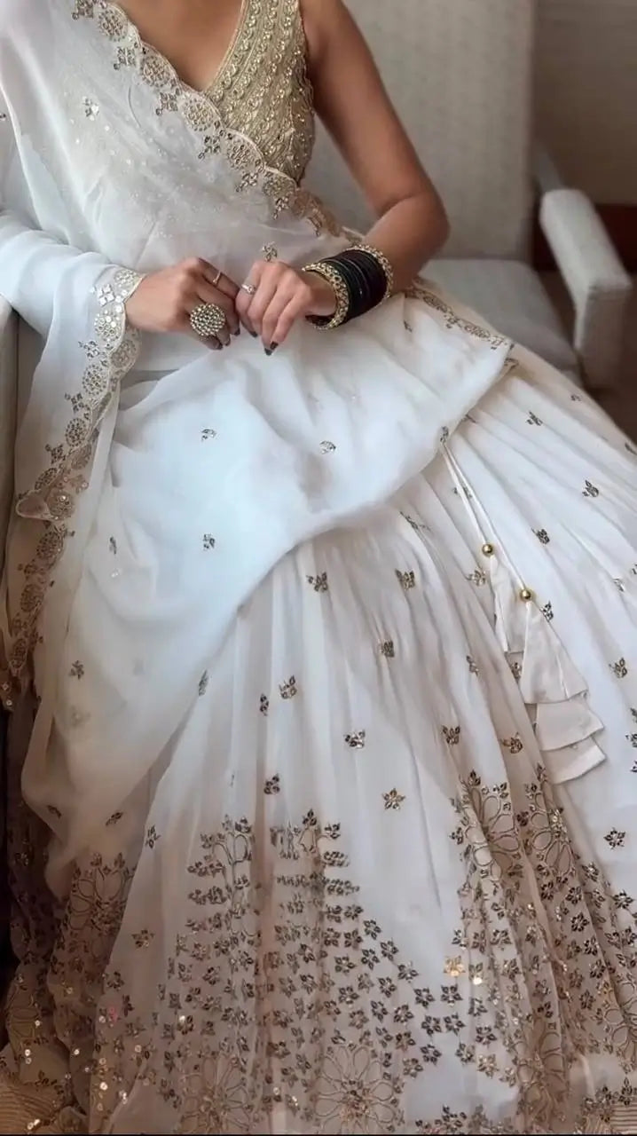 Elegant White Embroidered Lehenga Set with Dupatta for Wedding and Festive Wear