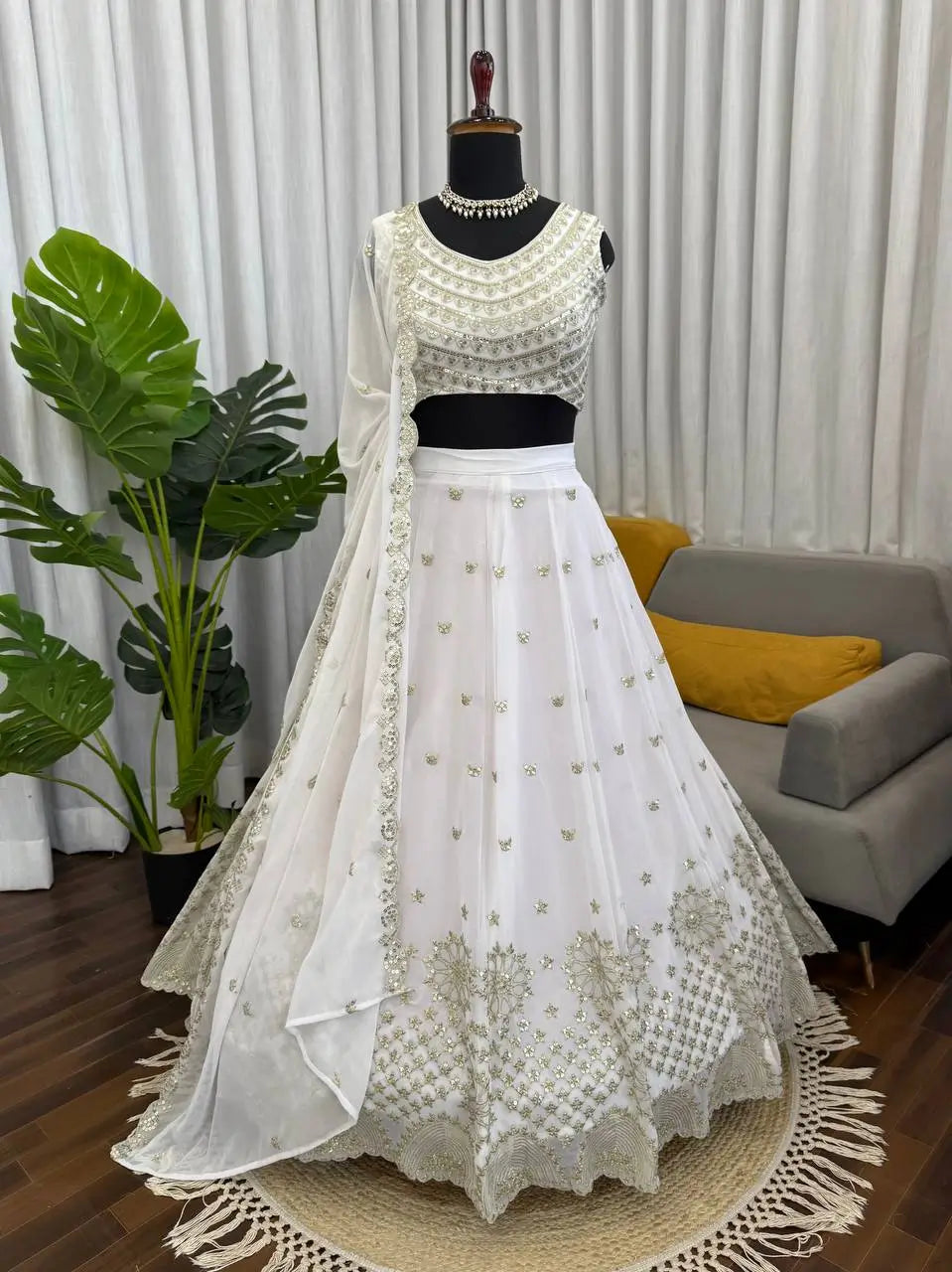 Elegant White Embroidered Lehenga Set with Dupatta for Wedding and Festive Wear