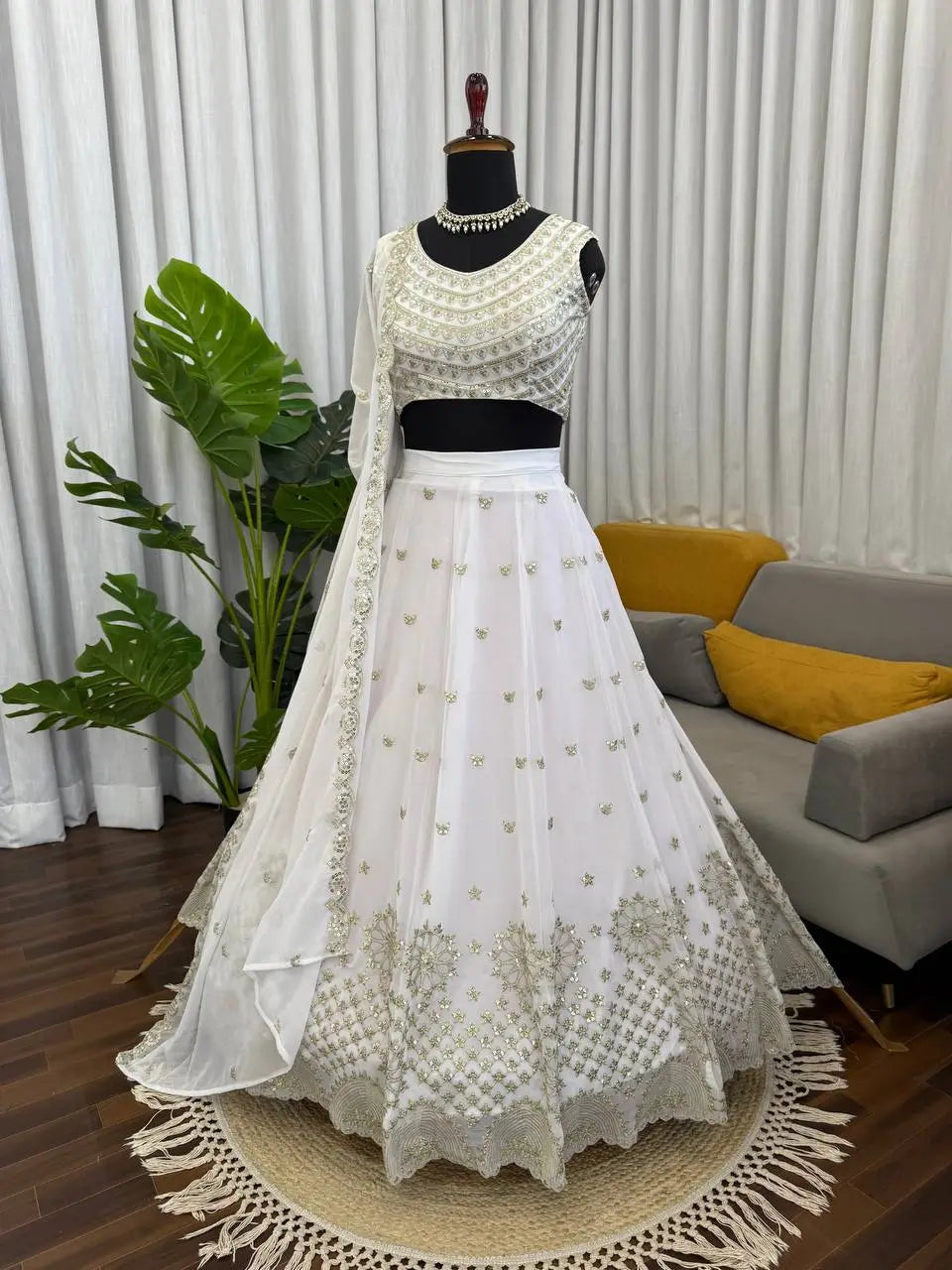 Elegant White Embroidered Lehenga Set with Dupatta for Wedding and Festive Wear