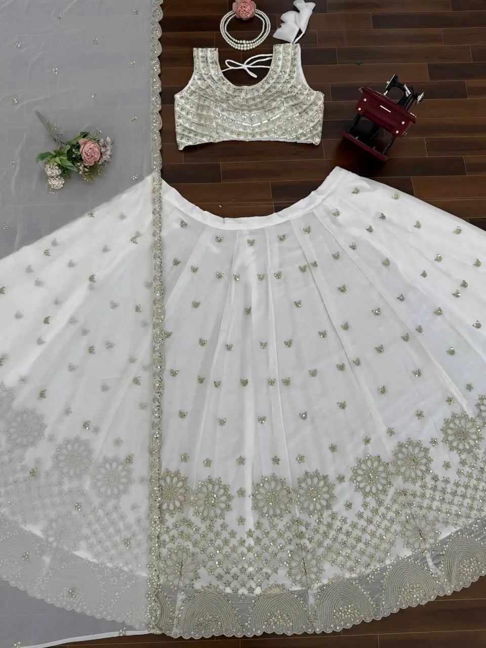 Elegant White Embroidered Lehenga Set with Dupatta for Wedding and Festive Wear
