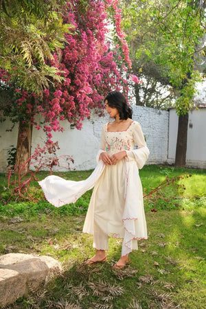 Elegant White Khadi Cotton Embroidered Suit Set with Pant & Dupatta – Ready to Wear