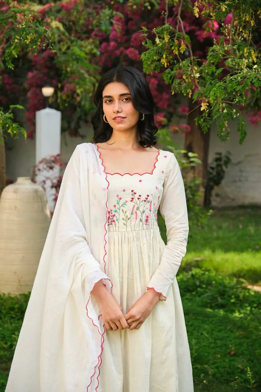 Elegant White Khadi Cotton Embroidered Suit Set with Pant & Dupatta – Ready to Wear