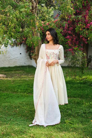 Elegant White Khadi Cotton Embroidered Suit Set with Pant & Dupatta – Ready to Wear