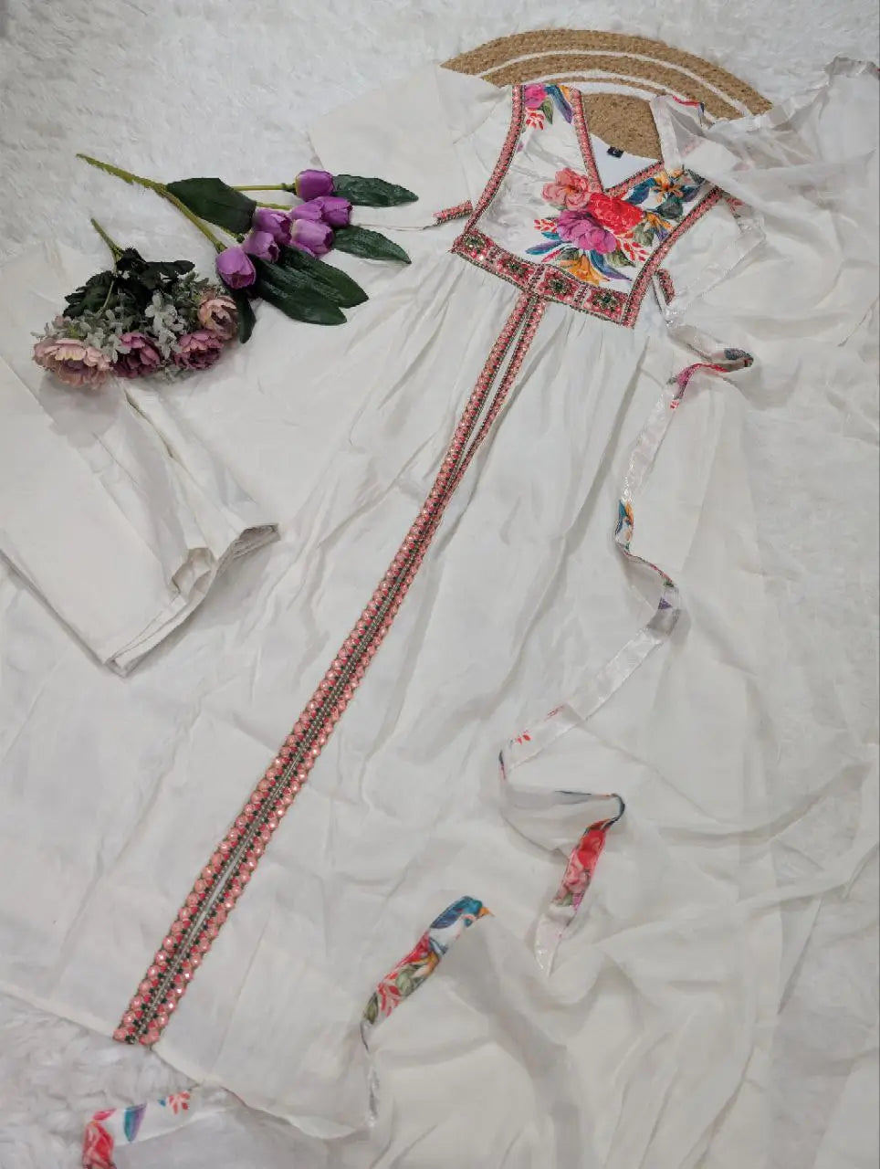 Elegant White Pure Viscose Silk Sequin Embroidered Kurta Set with Heavy Nazmin Dupatta | Party Wear