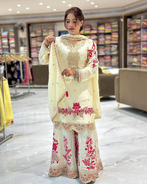 Elegant White & Red Vichitra Silk Sharara Suit with Dupatta | Codding Sequin Embroidery Work