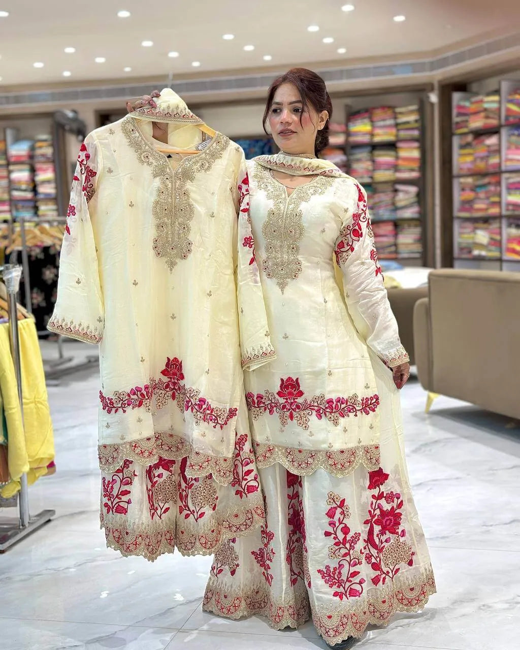 Elegant White & Red Vichitra Silk Sharara Suit with Dupatta | Codding Sequin Embroidery Work