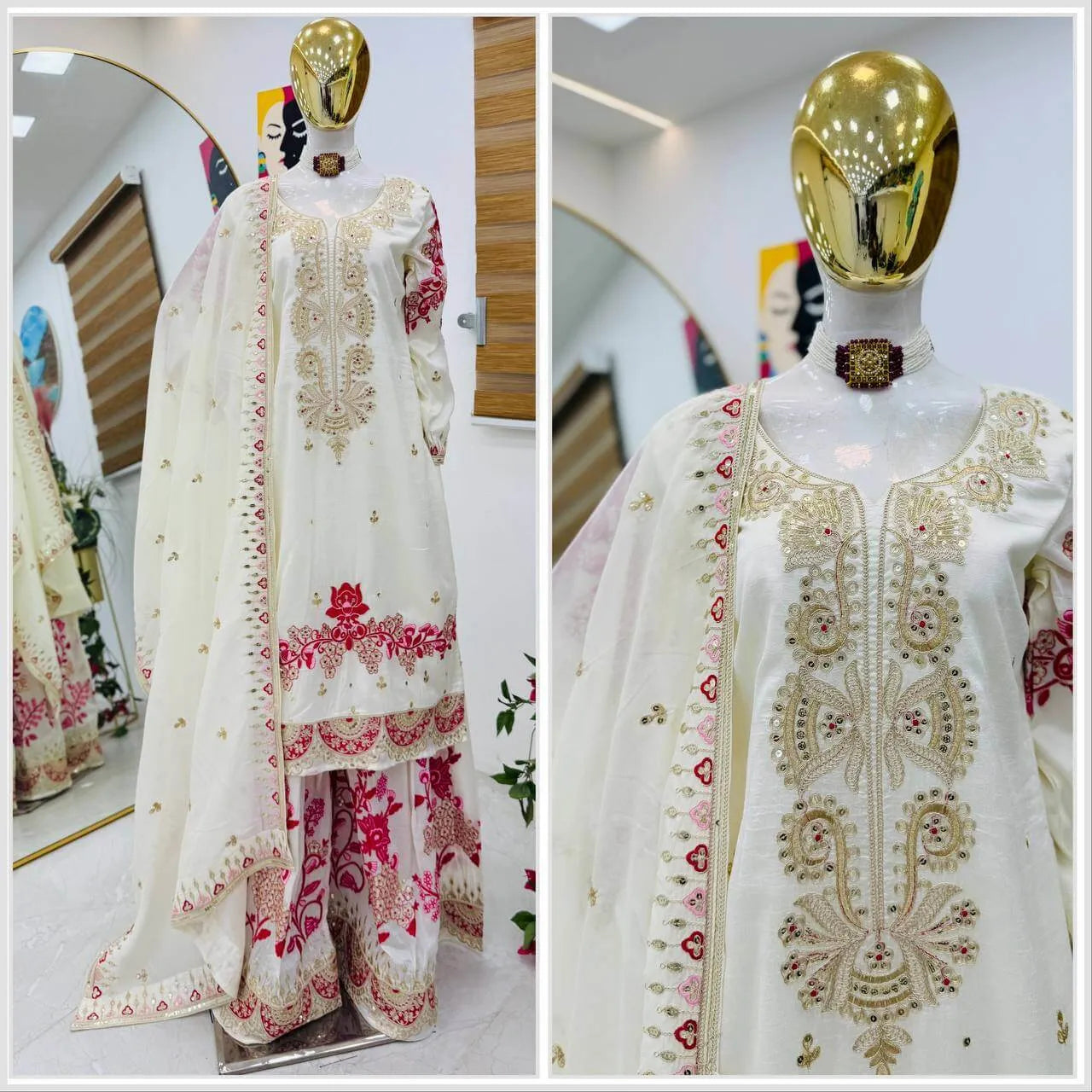 Elegant White & Red Vichitra Silk Sharara Suit with Dupatta | Codding Sequin Embroidery Work