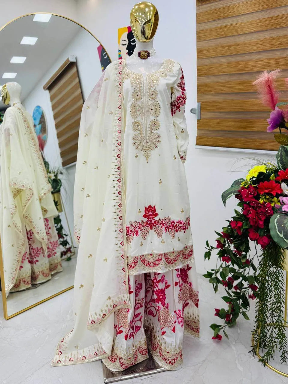 Elegant White & Red Vichitra Silk Sharara Suit with Dupatta | Codding Sequin Embroidery Work