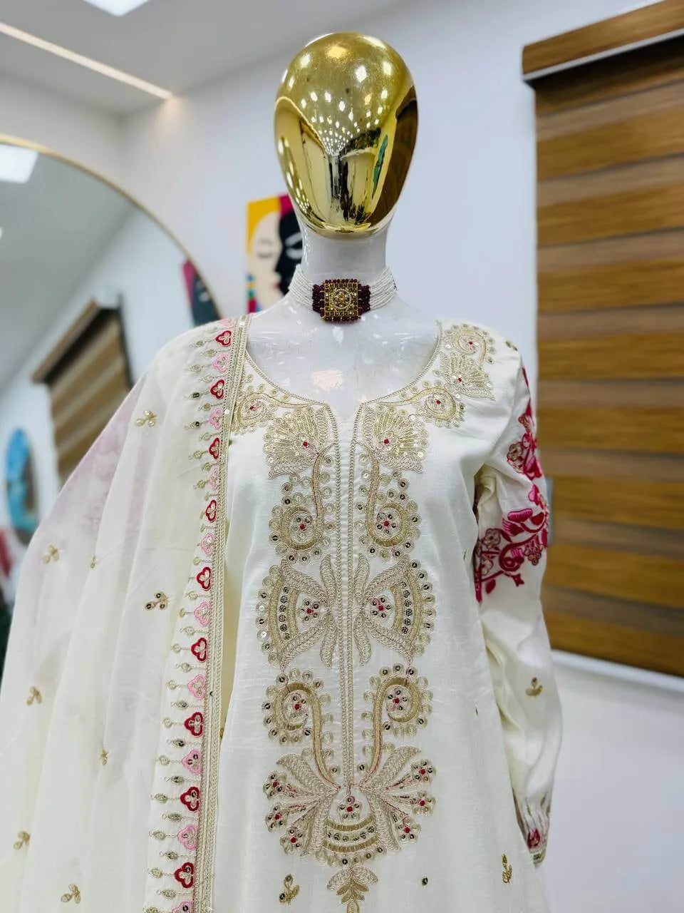 Elegant White & Red Vichitra Silk Sharara Suit with Dupatta | Codding Sequin Embroidery Work
