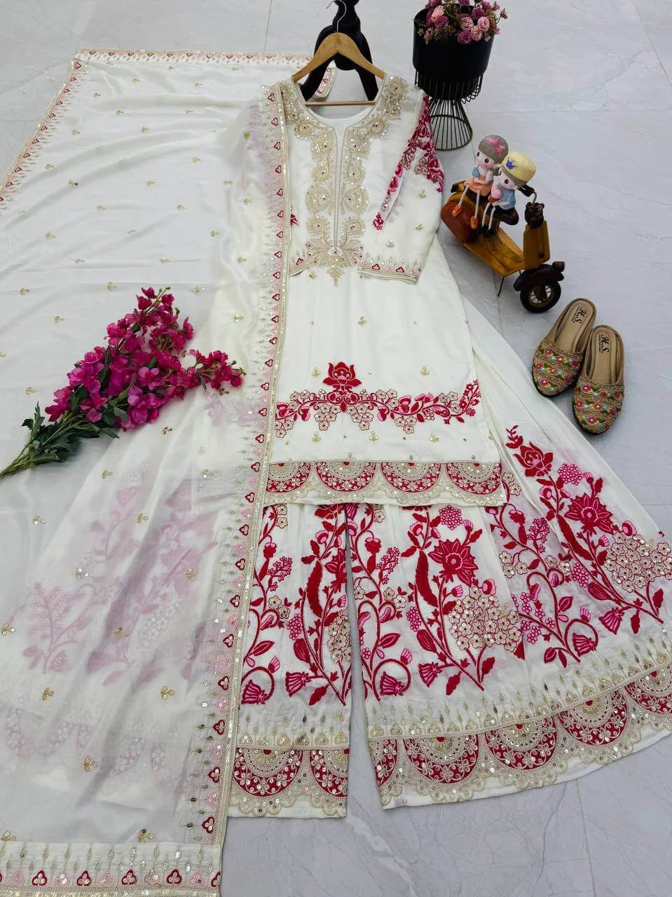 Elegant White & Red Vichitra Silk Sharara Suit with Dupatta | Codding Sequin Embroidery Work