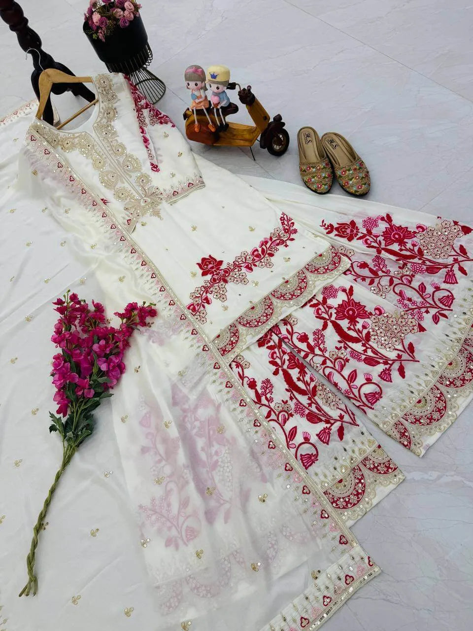 Elegant White & Red Vichitra Silk Sharara Suit with Dupatta | Codding Sequin Embroidery Work
