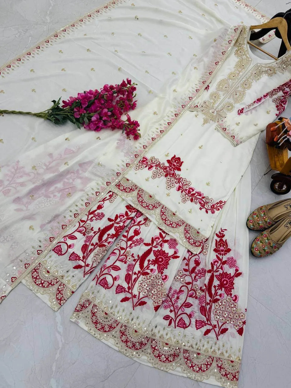 Elegant White & Red Vichitra Silk Sharara Suit with Dupatta | Codding Sequin Embroidery Work