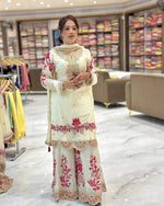Elegant White & Red Vichitra Silk Sharara Suit with Dupatta | Codding Sequin Embroidery Work