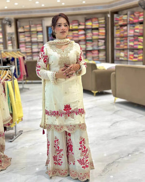 Elegant White & Red Vichitra Silk Sharara Suit with Dupatta | Codding Sequin Embroidery Work