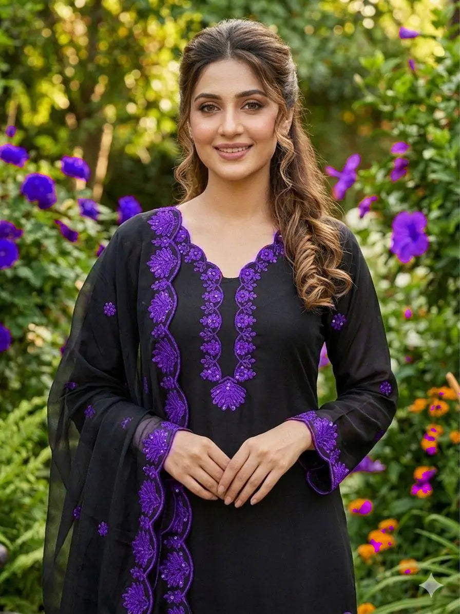Elegant black Embroidered Crepe Silk Suit Set for Festive and Party Wear