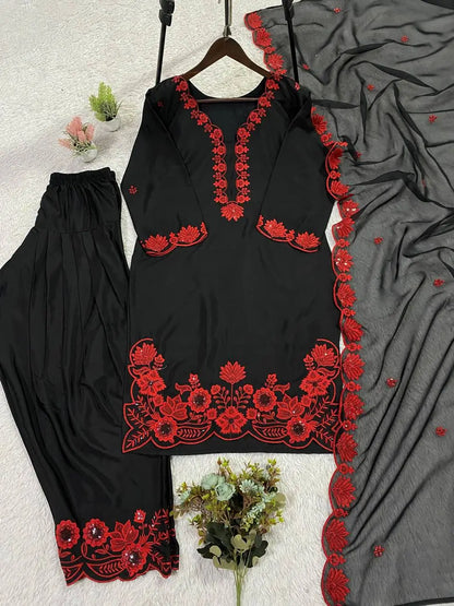 Elegant black Embroidered Crepe Silk Suit Set for Festive and Party Wear