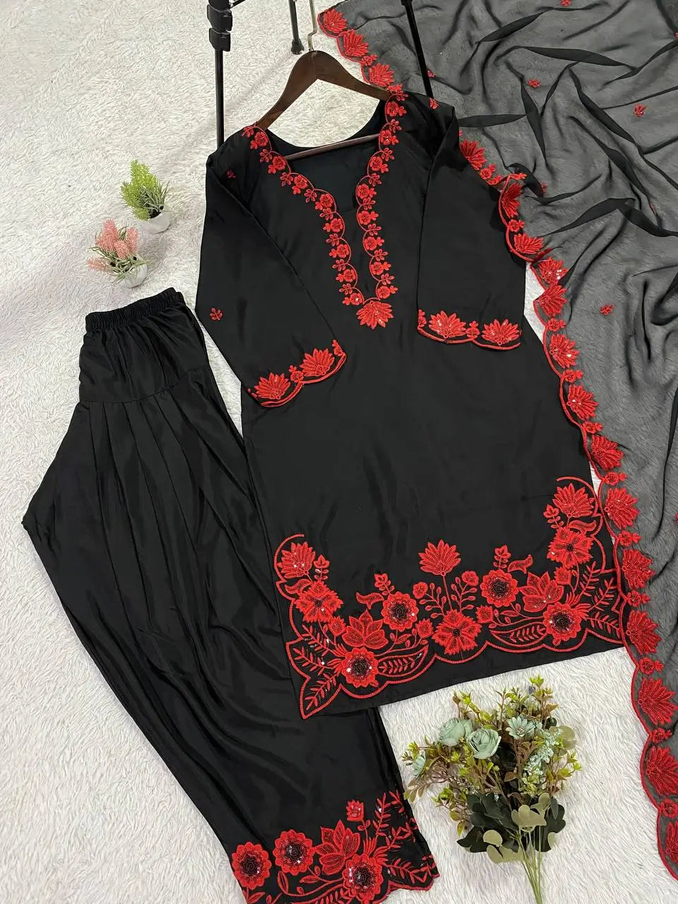Elegant black Embroidered Crepe Silk Suit Set for Festive and Party Wear