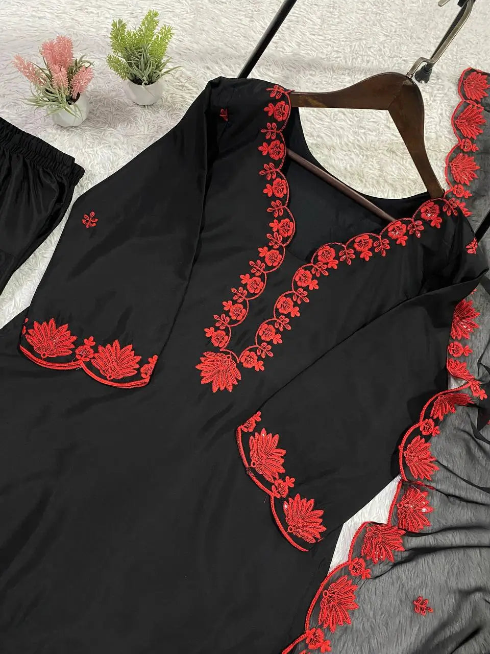 Elegant black Embroidered Crepe Silk Suit Set for Festive and Party Wear