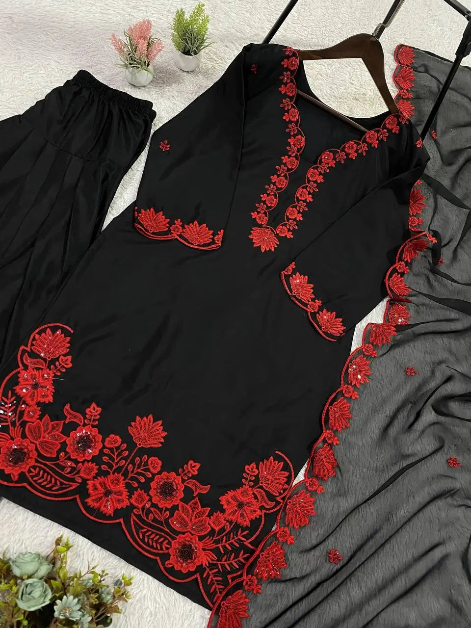 Elegant black Embroidered Crepe Silk Suit Set for Festive and Party Wear