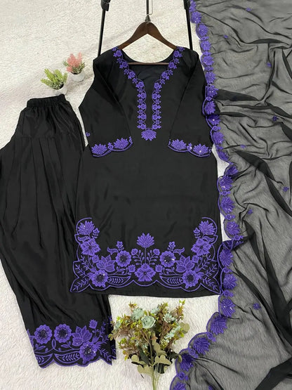 Elegant black Embroidered Crepe Silk Suit Set for Festive and Party Wear