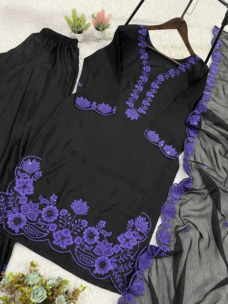 Elegant black Embroidered Crepe Silk Suit Set for Festive and Party Wear