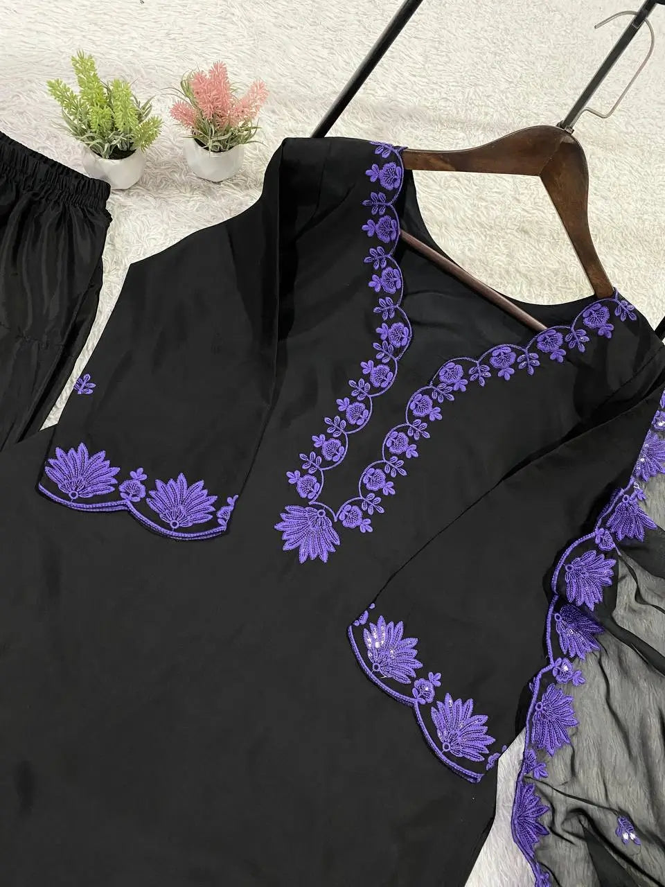 Elegant black Embroidered Crepe Silk Suit Set for Festive and Party Wear