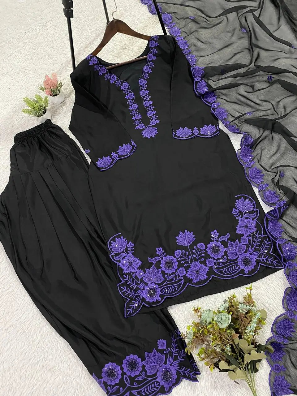 Elegant black Embroidered Crepe Silk Suit Set for Festive and Party Wear