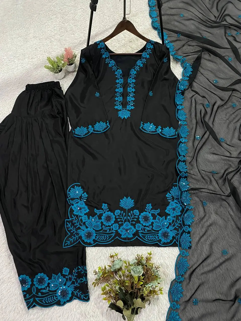 Elegant black Embroidered Crepe Silk Suit Set for Festive and Party Wear