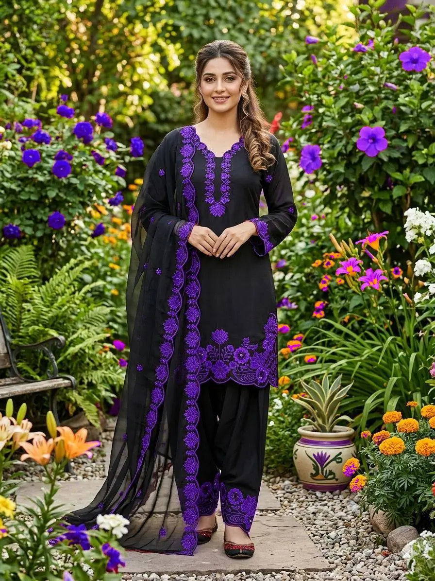 Elegant black Embroidered Crepe Silk Suit Set for Festive and Party Wear