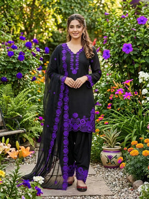 Elegant black Embroidered Crepe Silk Suit Set for Festive and Party Wear
