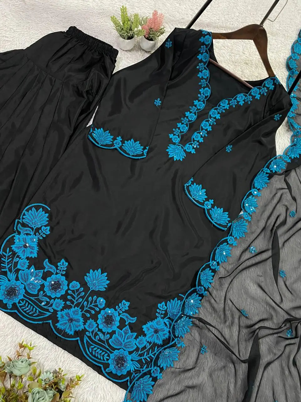 Elegant black Embroidered Crepe Silk Suit Set for Festive and Party Wear