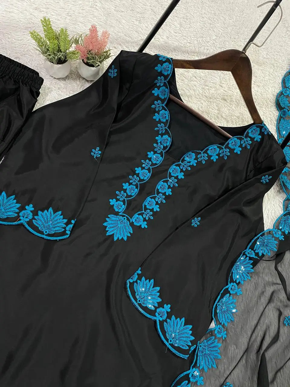 Elegant black Embroidered Crepe Silk Suit Set for Festive and Party Wear
