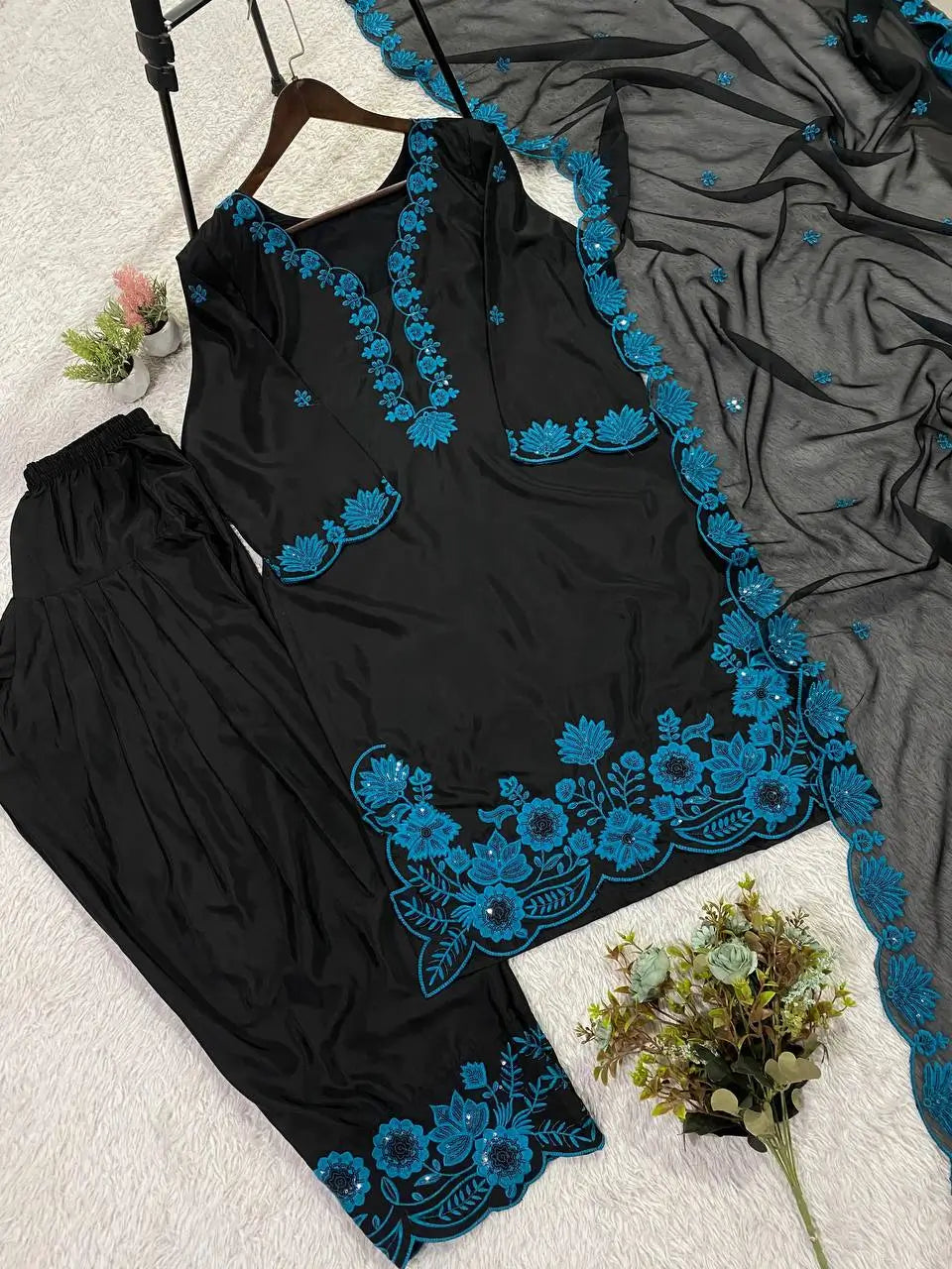 Elegant black Embroidered Crepe Silk Suit Set for Festive and Party Wear