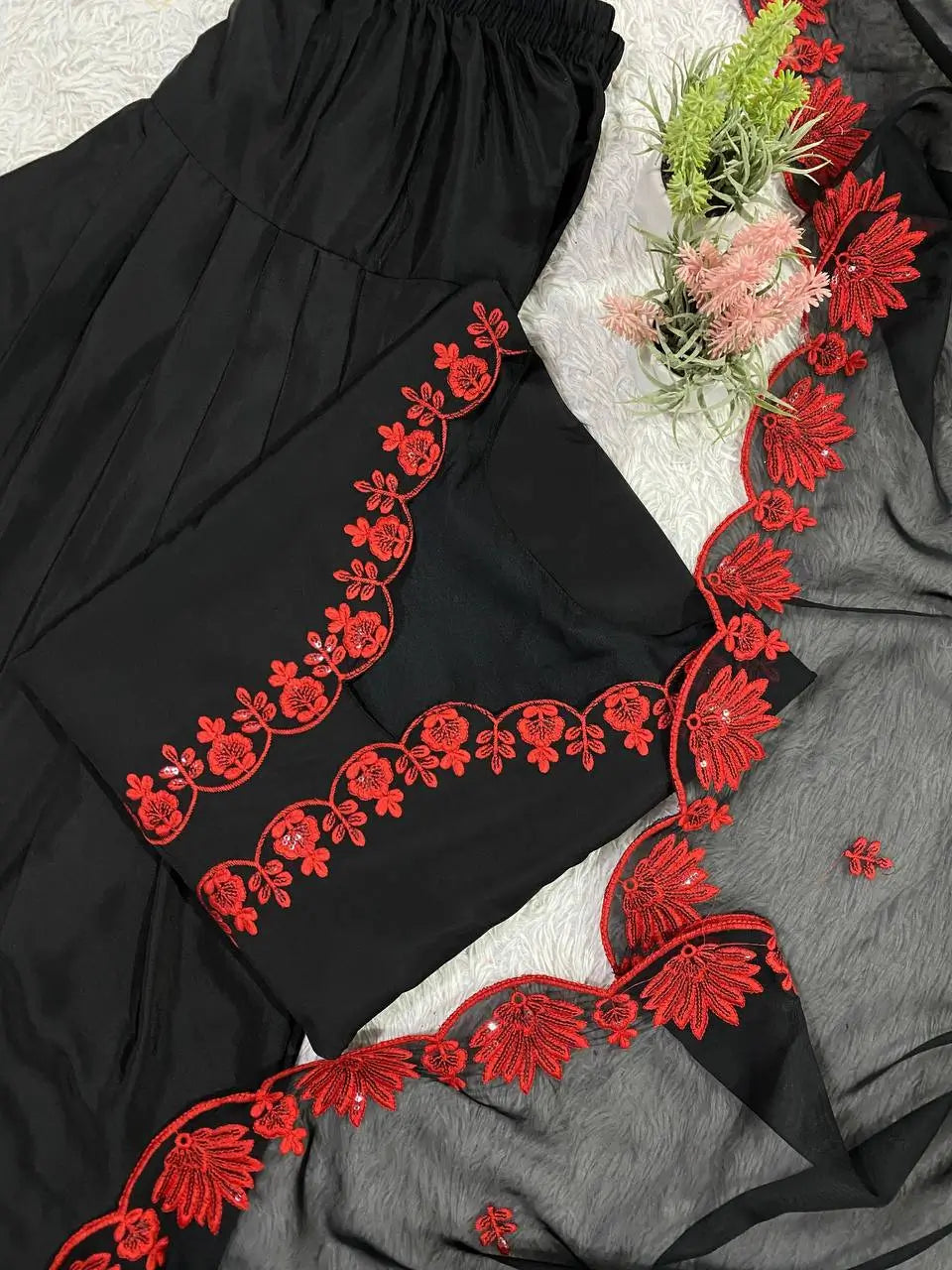 Elegant black Embroidered Crepe Silk Suit Set for Festive and Party Wear