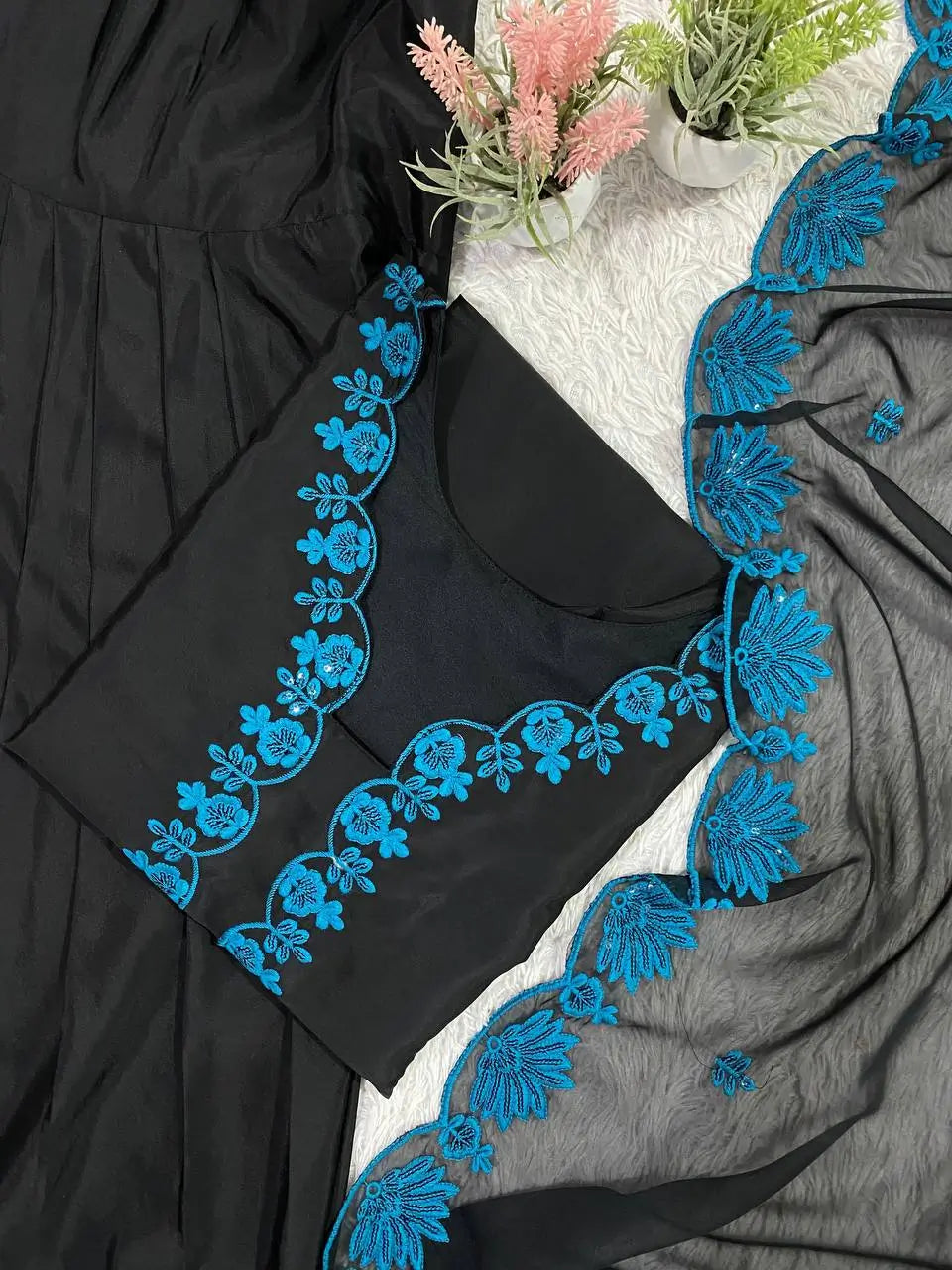 Elegant black Embroidered Crepe Silk Suit Set for Festive and Party Wear