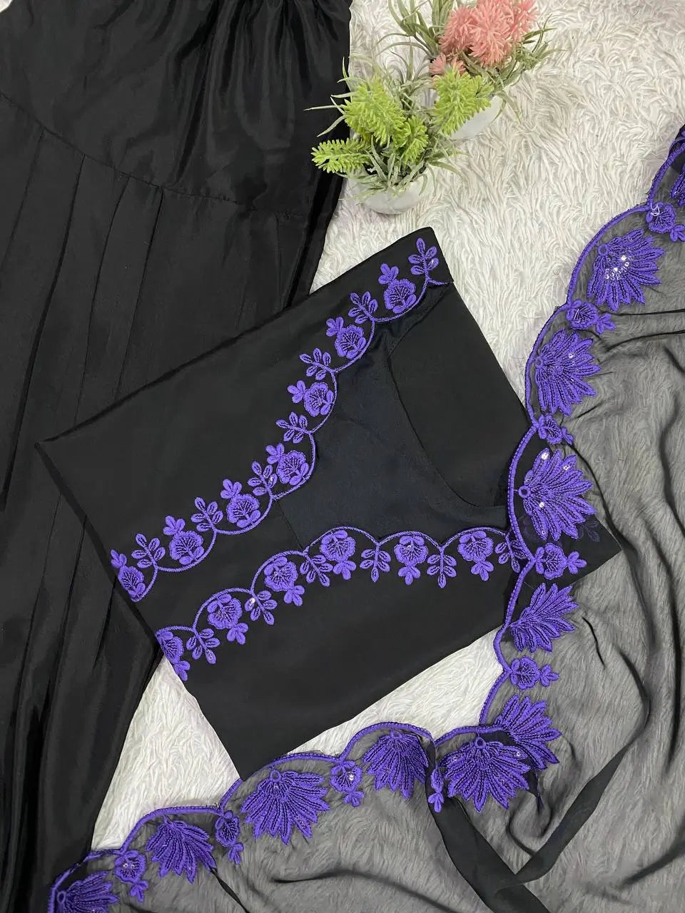 Elegant black Embroidered Crepe Silk Suit Set for Festive and Party Wear