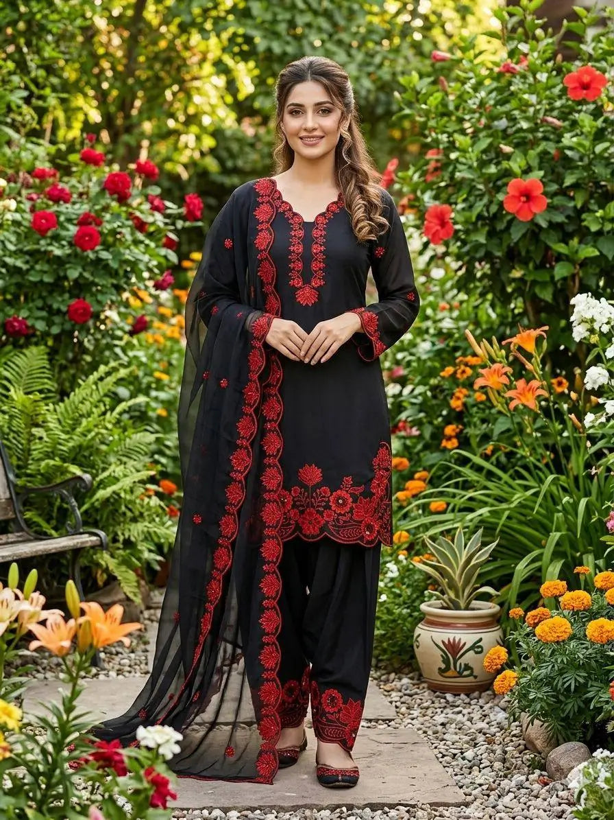 Elegant black Embroidered Crepe Silk Suit Set for Festive and Party Wear