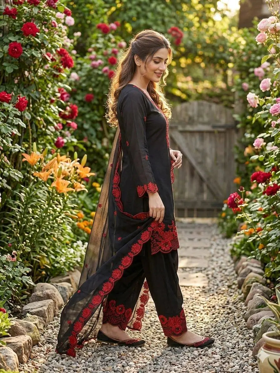 Elegant black Embroidered Crepe Silk Suit Set for Festive and Party Wear