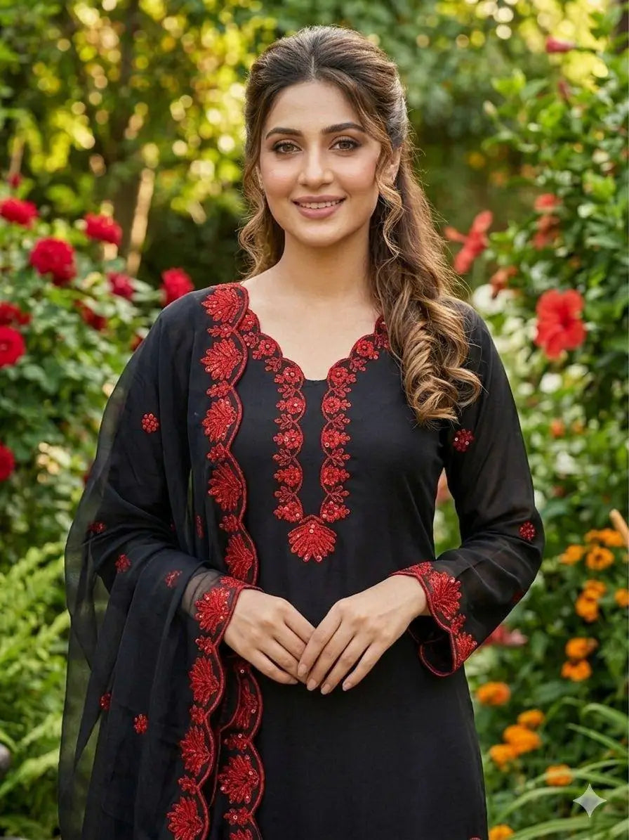 Elegant black Embroidered Crepe Silk Suit Set for Festive and Party Wear